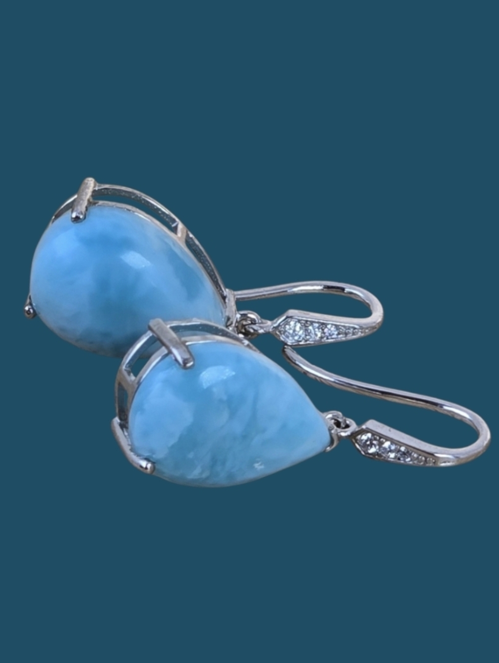 Natural Unheated Larimar & Cz‎ 925 Sterling Silver Earrings
